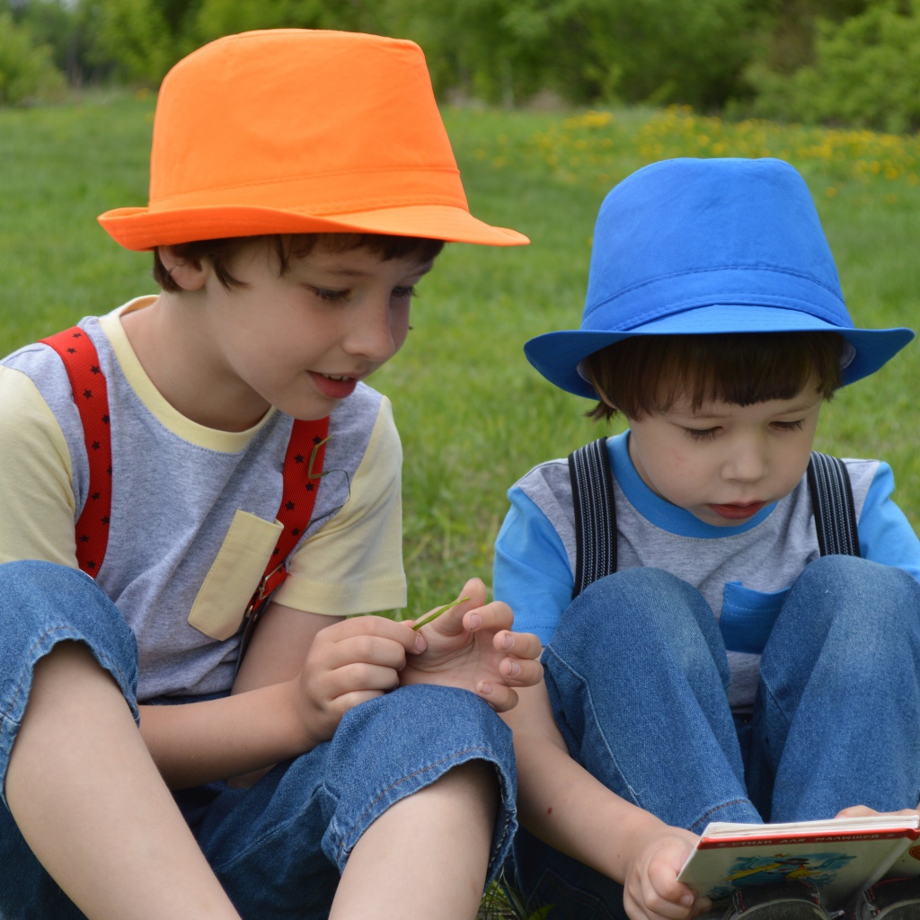 Два мальчика с книгой сидят на траве