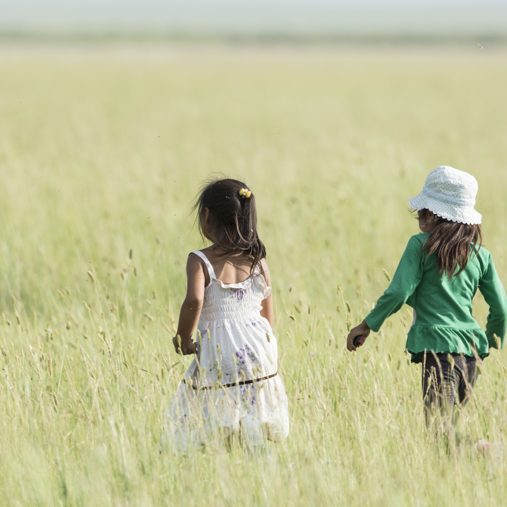 Две маленькие девочки гуляют по полю 