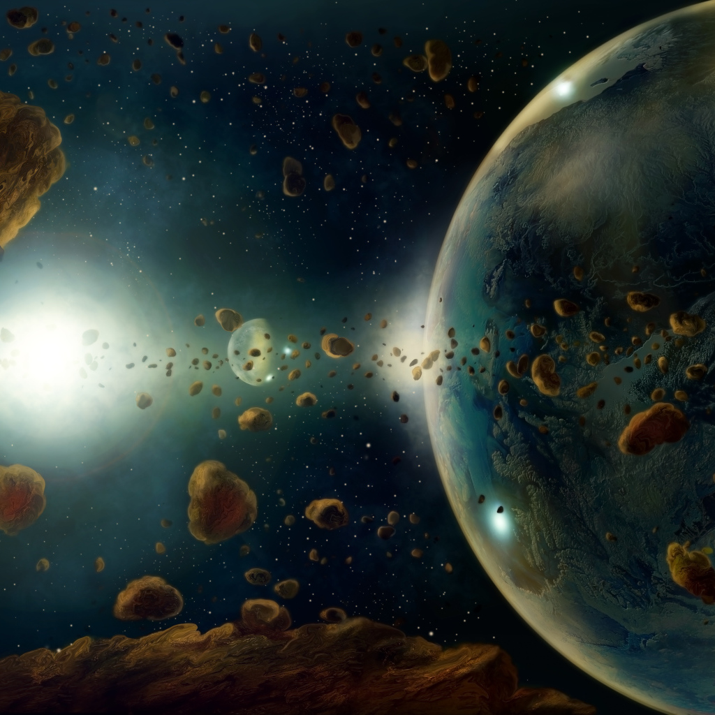 Большие астероиды в космосе  с планетами