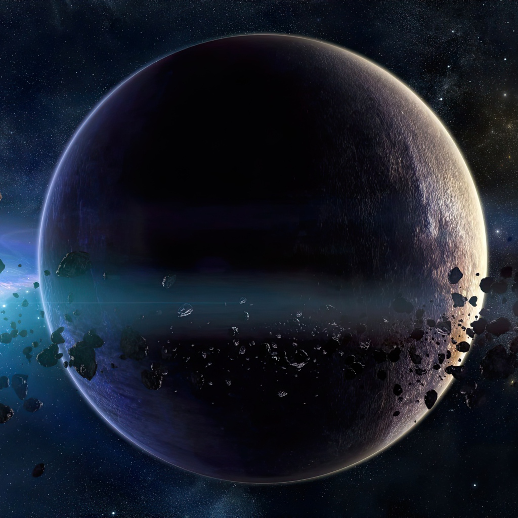 Большая планета с астероидами в космосе