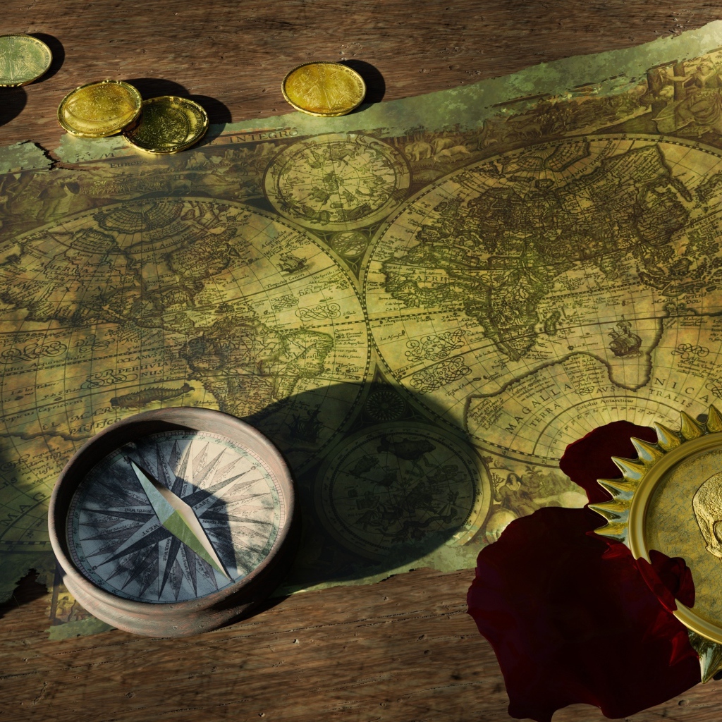 Старая карта с компасом и монетами