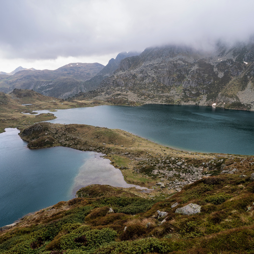Mountain lakes in fog, France