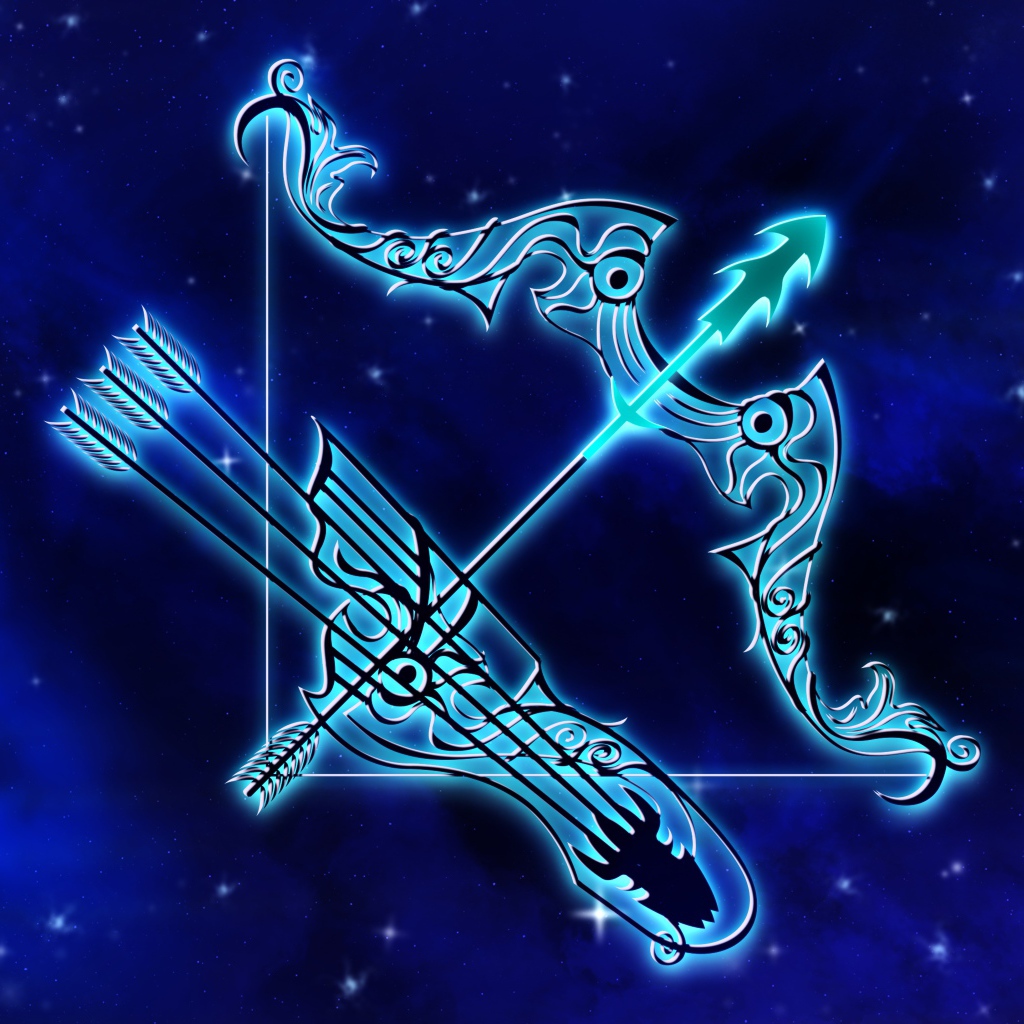 Beautiful zodiac sign Sagittarius on blue background