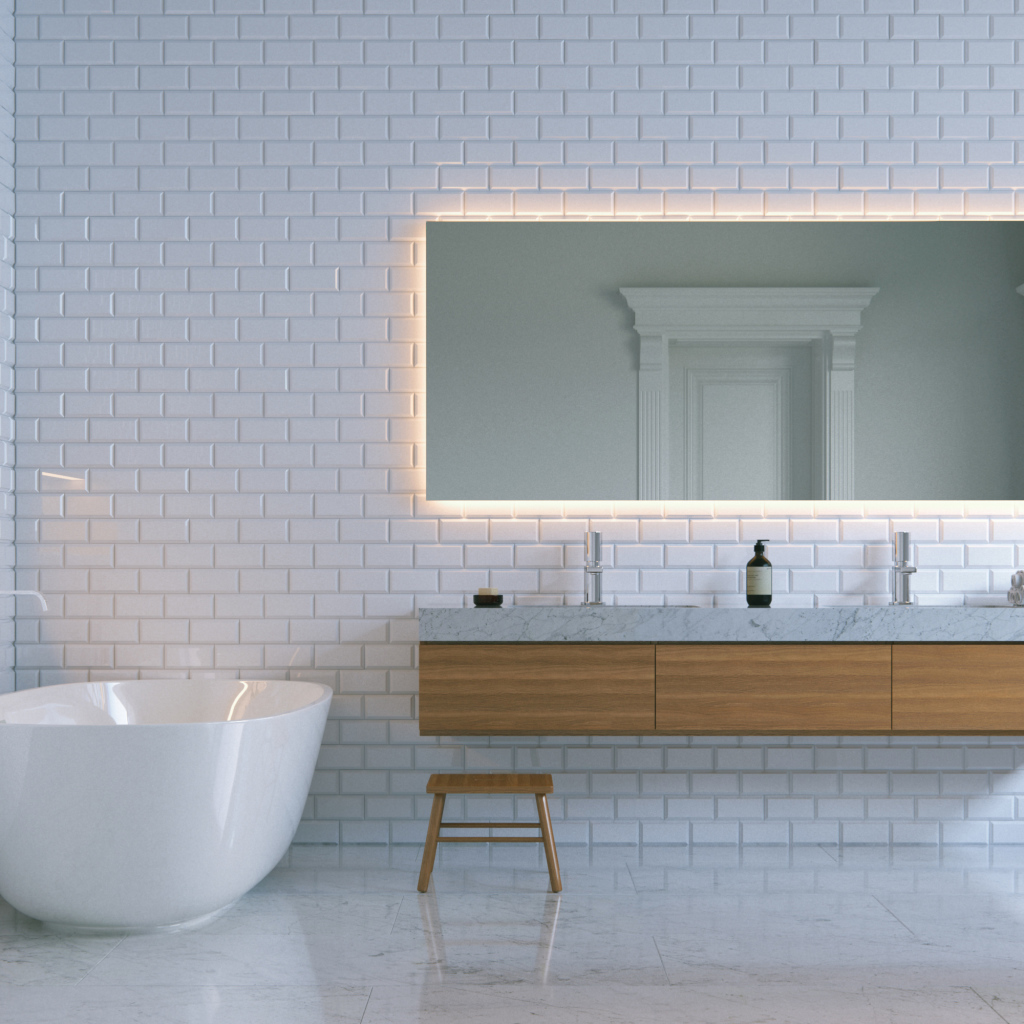 Ванная комната с белыми кирпичными стенами