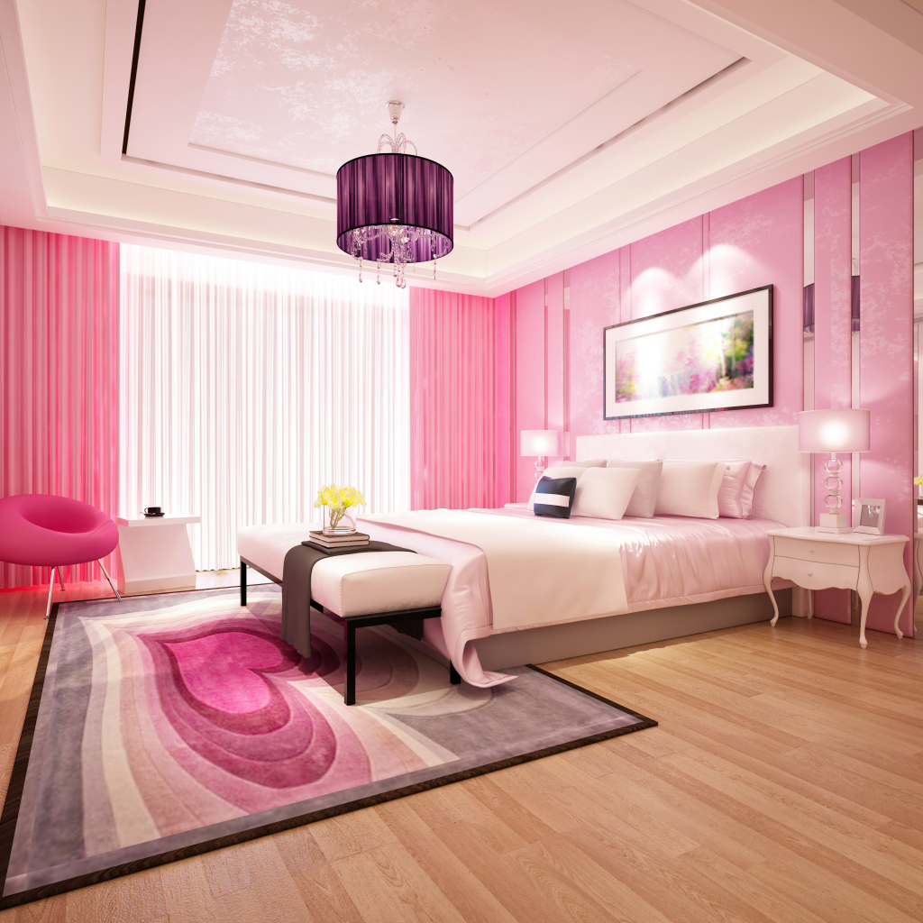 Красивая спальня с розовыми стенами