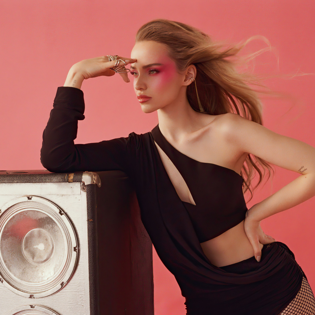 Красивая блондинка актриса Дав Кэмерон на розовом фоне