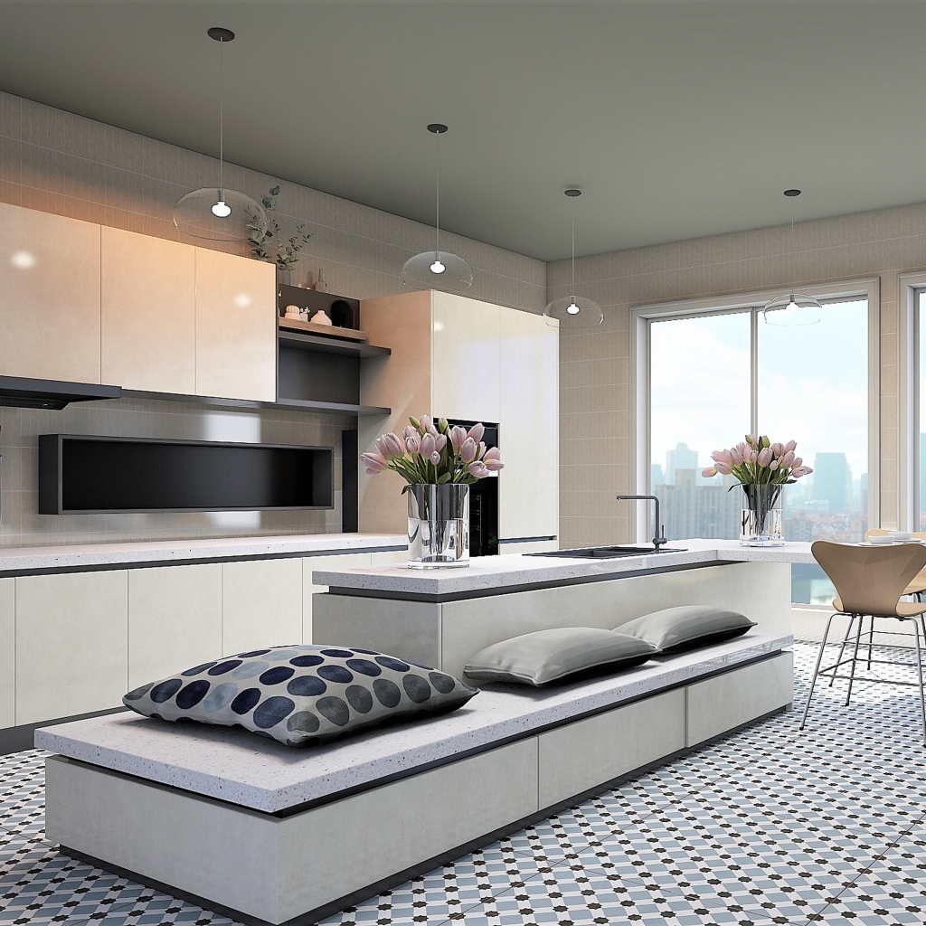 Красивая просторная кухня в сером цвете 