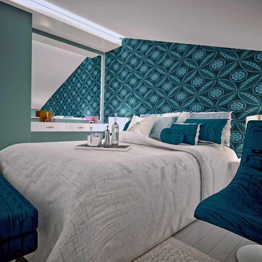 Спальня с большой серой кроватью и красивыми стенами