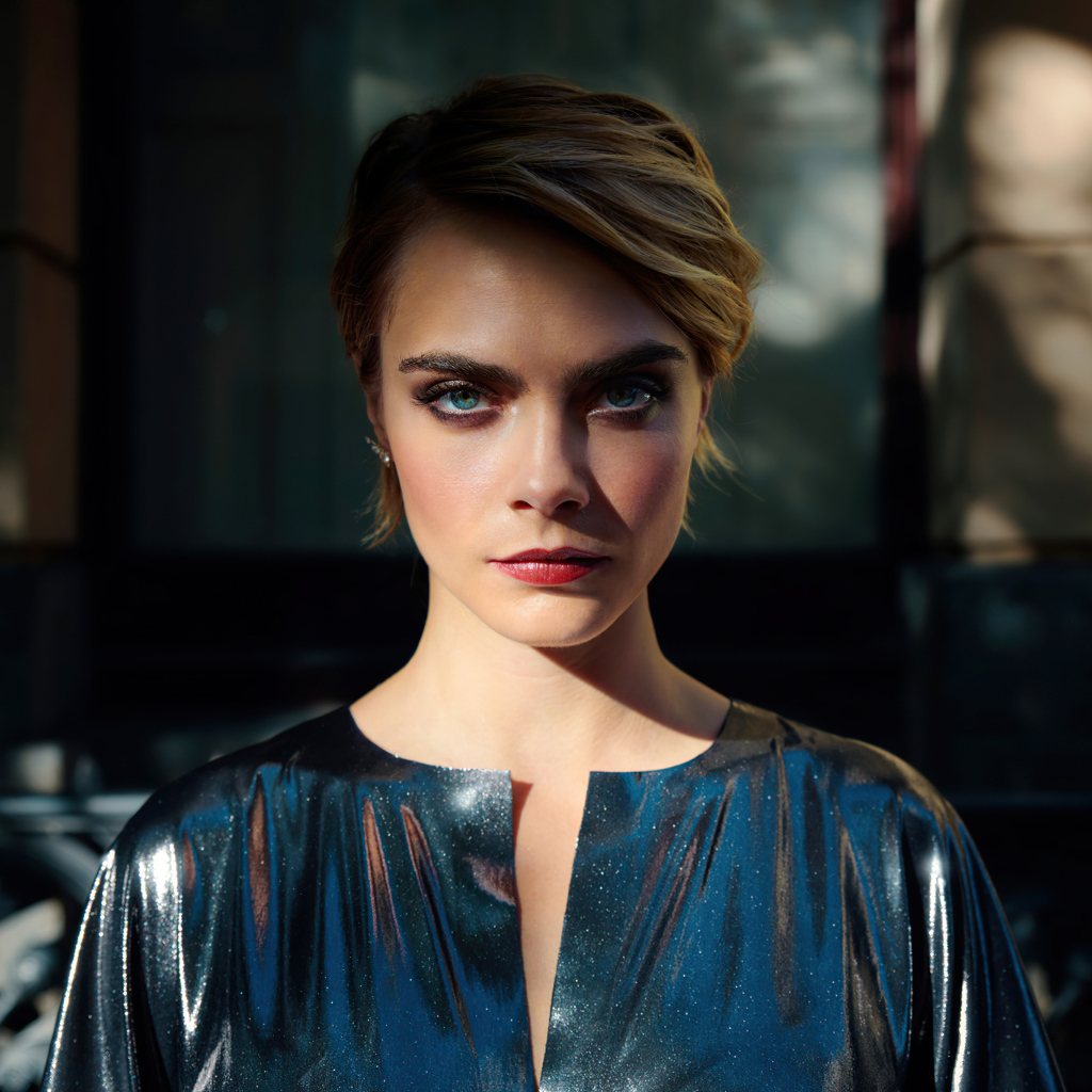 Яркая голубоглазая девушка Кара Делевинь в платье