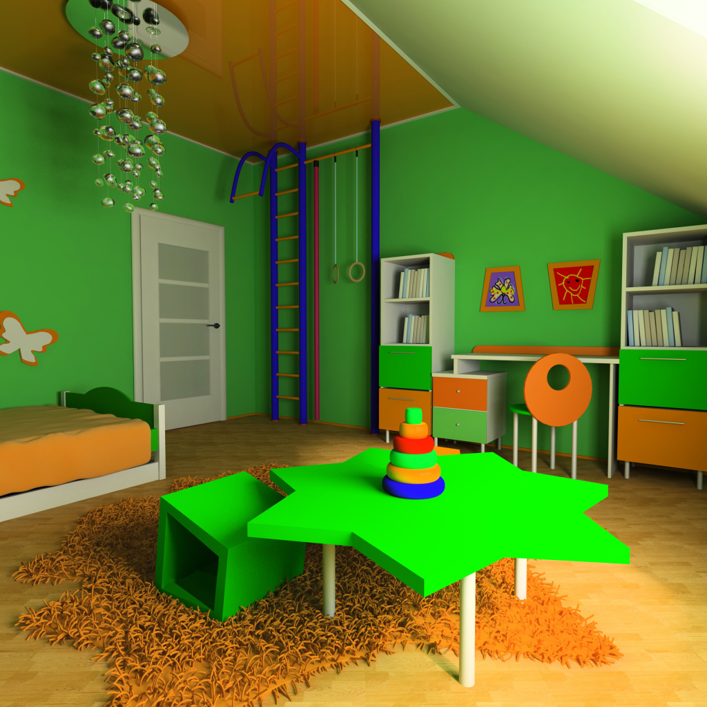 Детская комната с зелеными стенами и мебелью 
