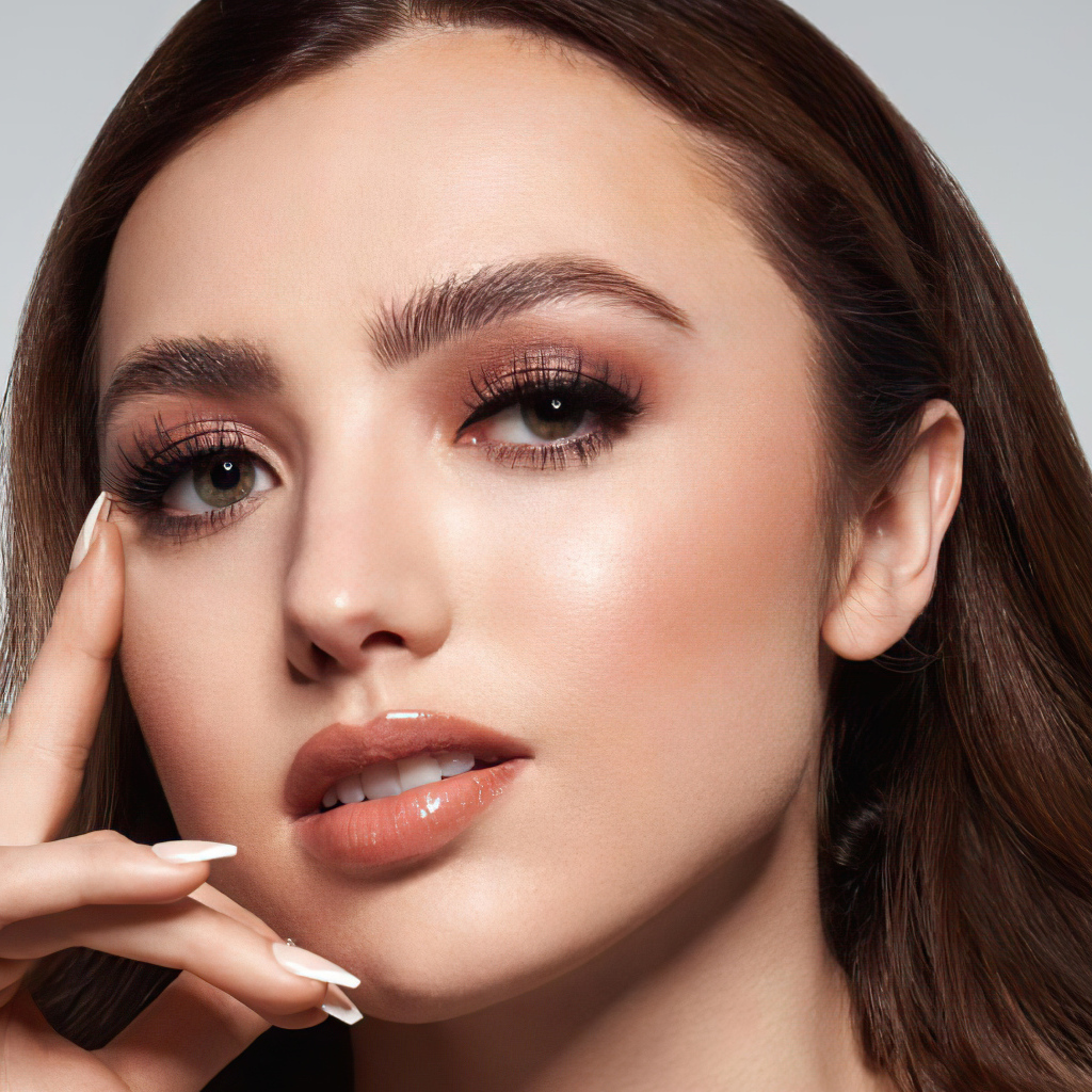 Лицо актрисы Пейтон Лист на сером фоне крупным планом