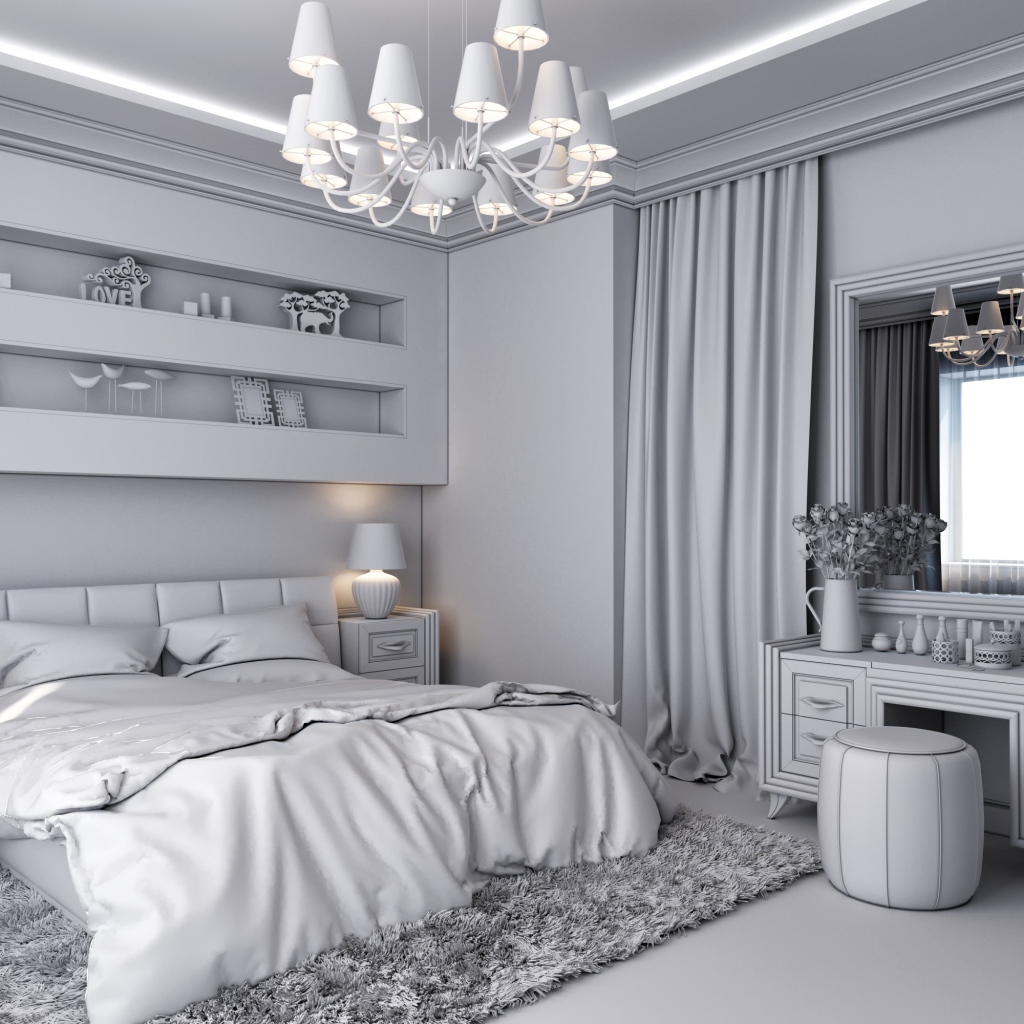 Серый интерьер спальной комнаты с большой люстрой 