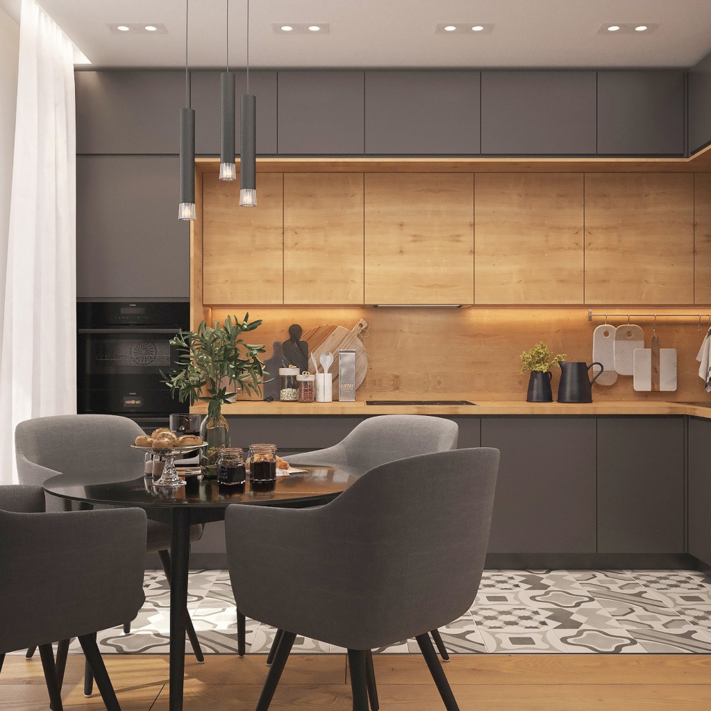 Серая кухня с деревянными вставками 