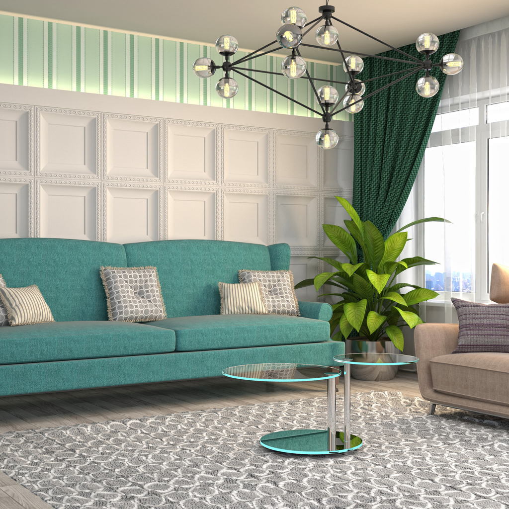 Большой голубой диван в гостиной с балконом