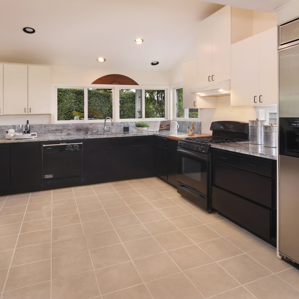 Большая кухня с черной  мебелью 