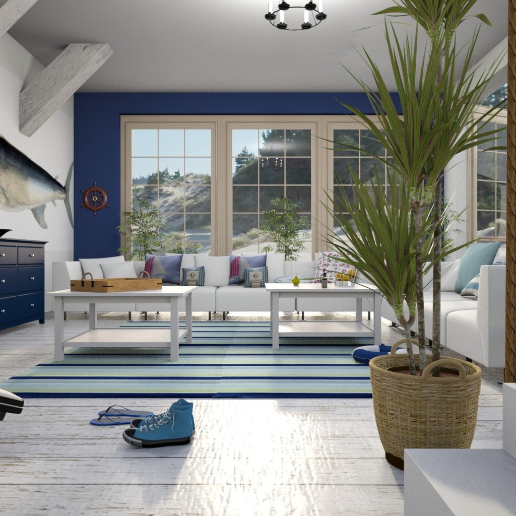 Большая просторная гостиная в бело-голубом стиле