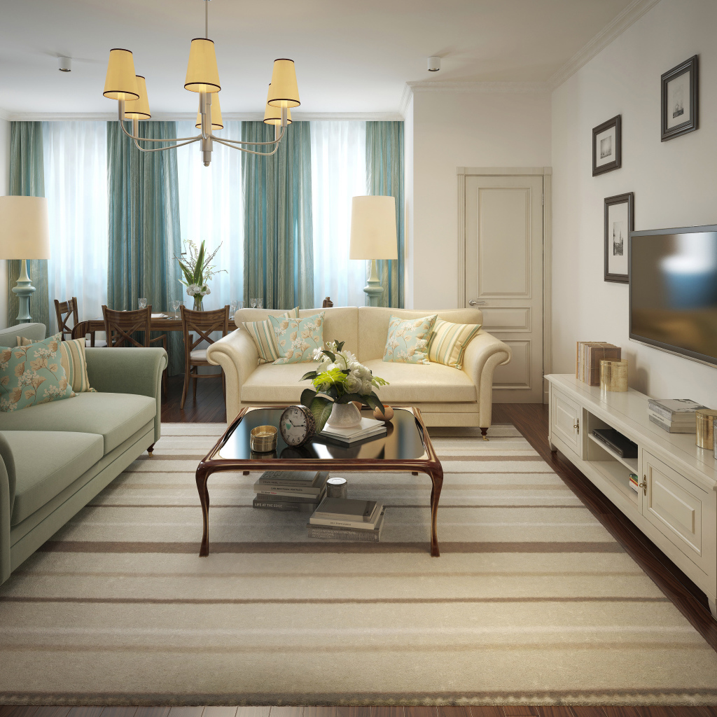 Гостиная комната с голубыми шторами на окне