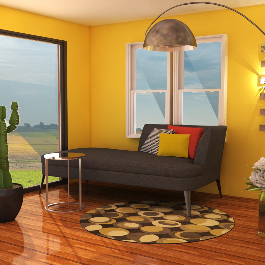 Гостиная комната с диваном, желтыми стенами и большим окном