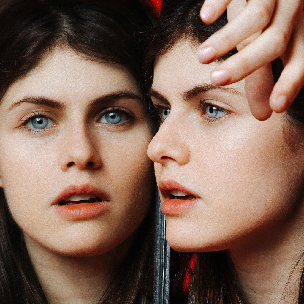 Молодая красивая голубоглазая актриса Александра Даддарио на красном фоне