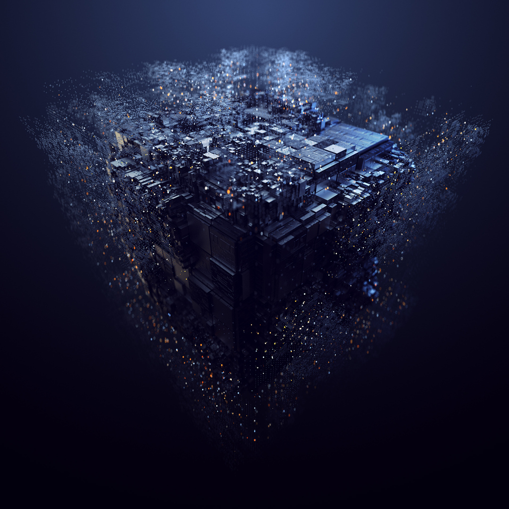 Разрушение абстрактного куба на черном фоне