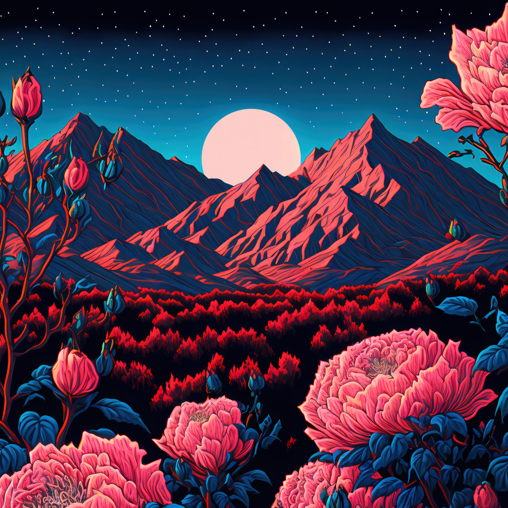 Красивые красные 3д цветы на фоне гор