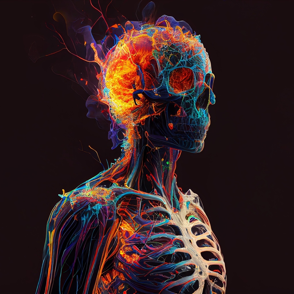 Огненный скелет мужчины на черном фоне