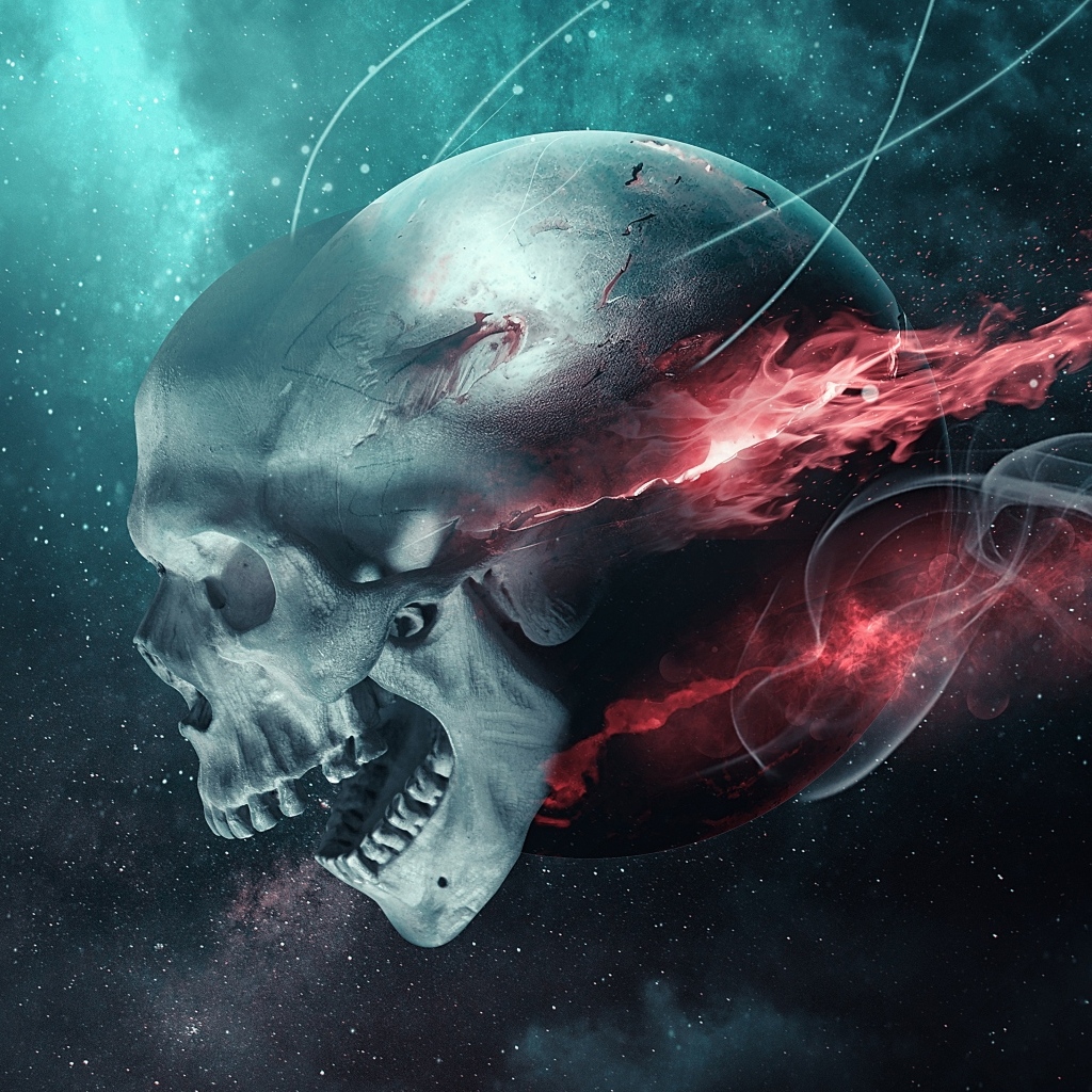 Летящий череп с огненной планетой