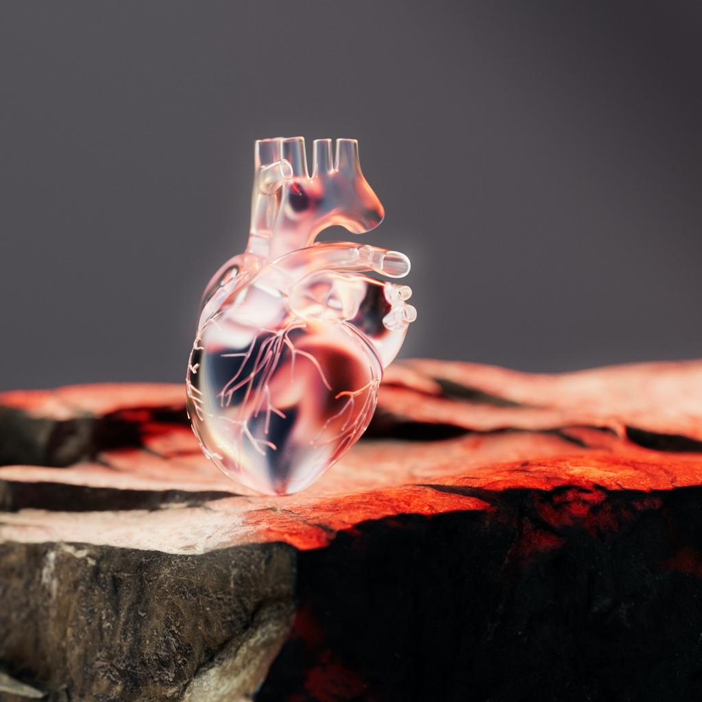 Стеклянное 3д сердце на камне