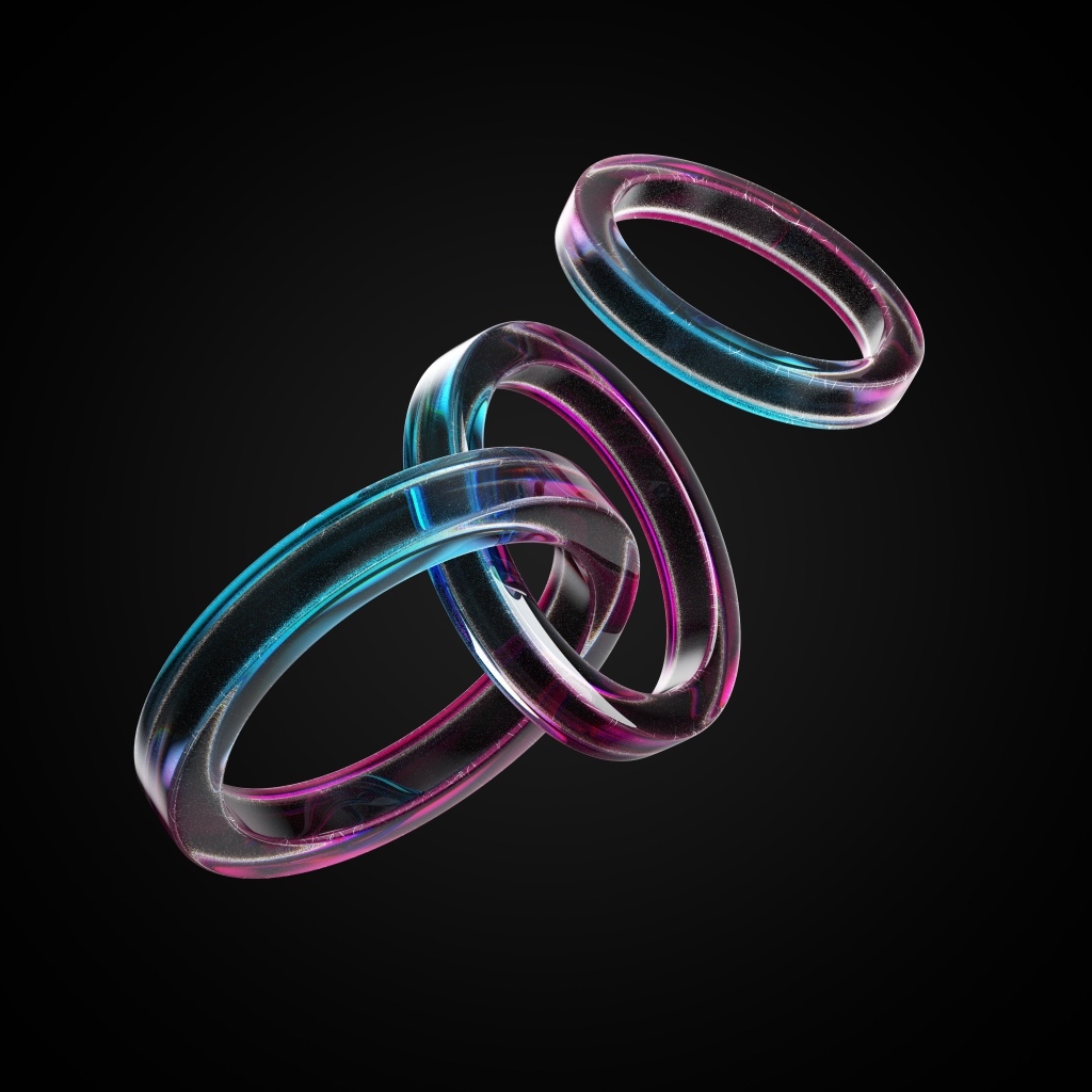 Стеклянные 3д кольца на черном фоне