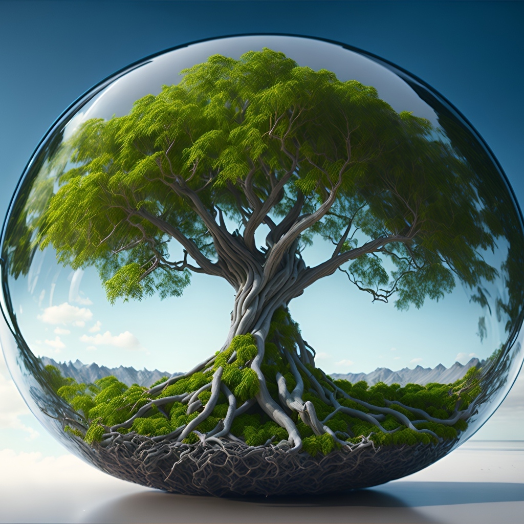 Зеленое дерево в капле воды на фоне неба