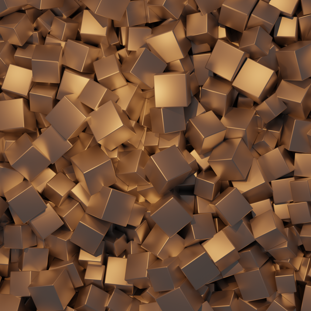 Много золотых кубов крупным планом