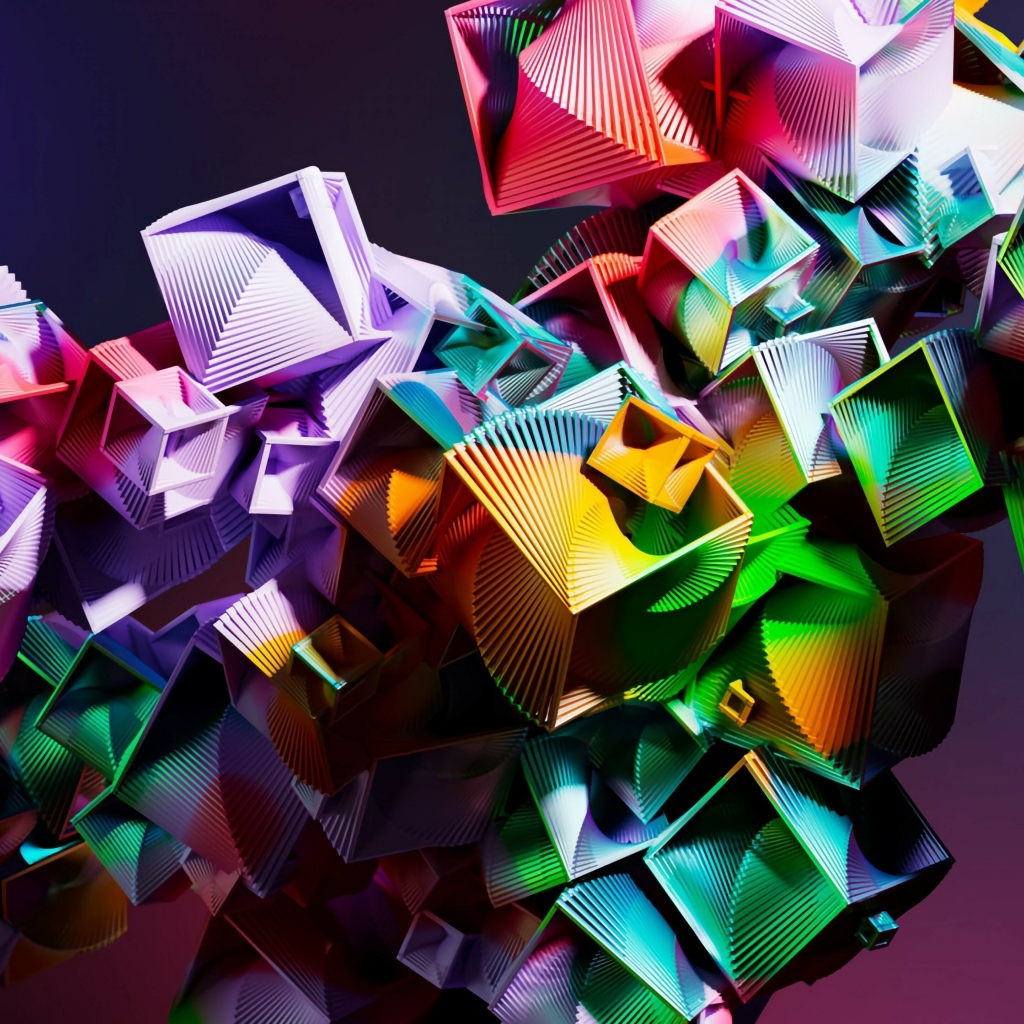 Много разноцветных квадратов на сиреневом фоне