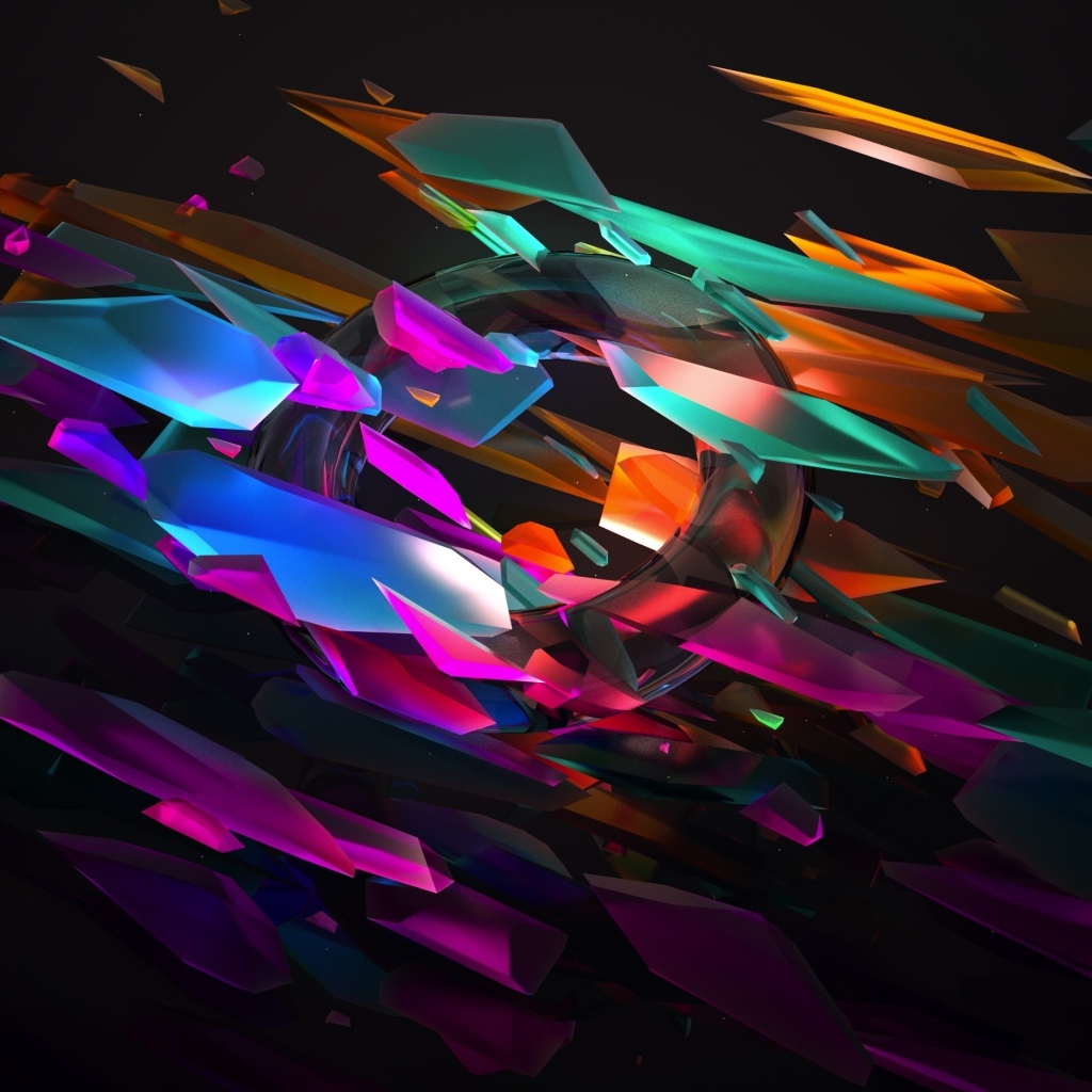 Разноцветные 3д осколки и круг на черном фоне