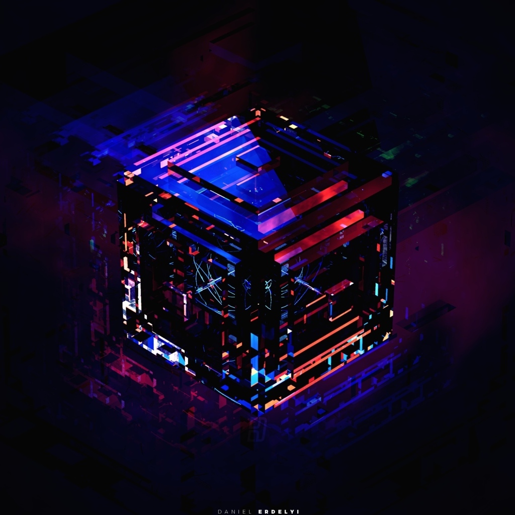 Разноцветный электронный куб на черном фоне