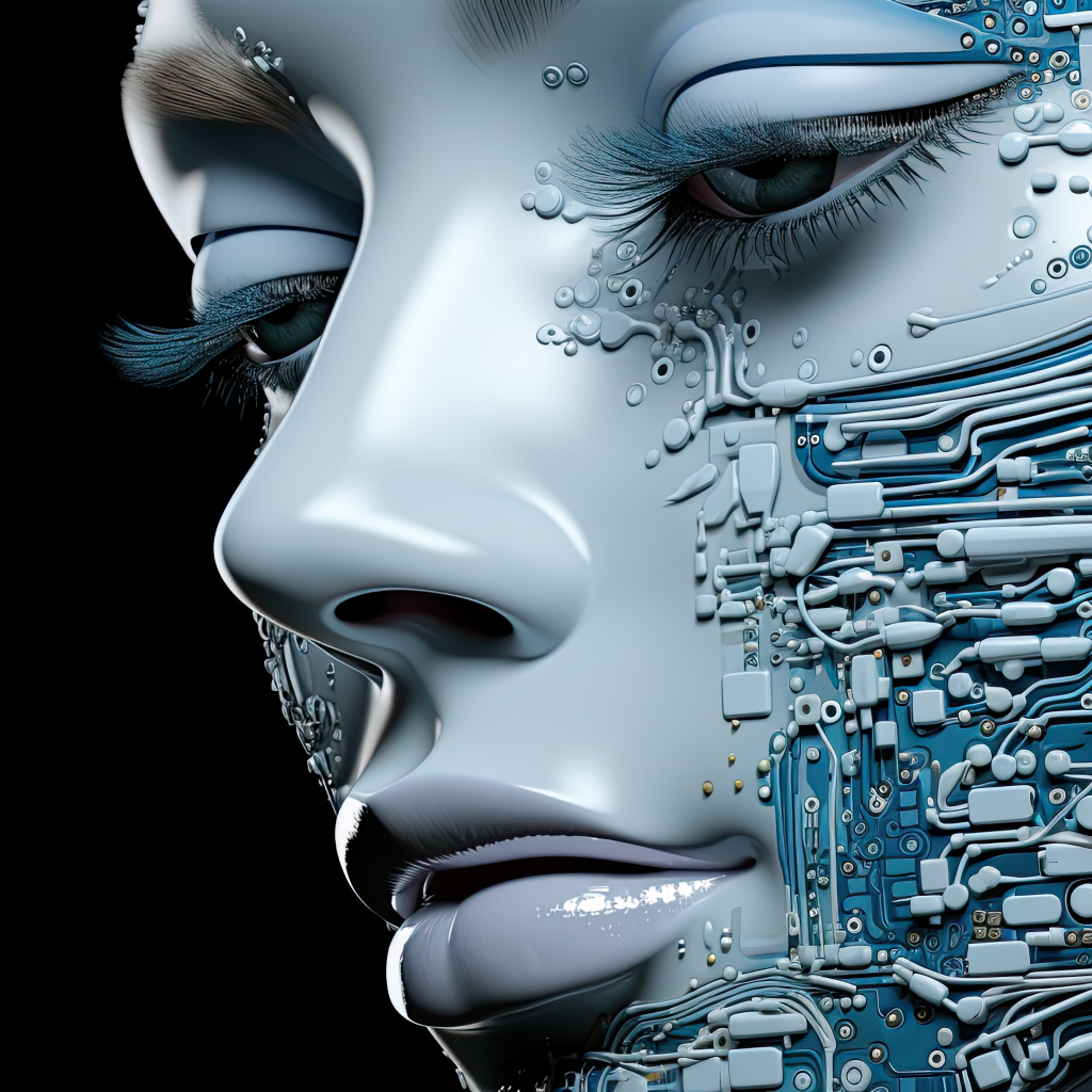 Лицо девушки робота на черном фоне 3д графика