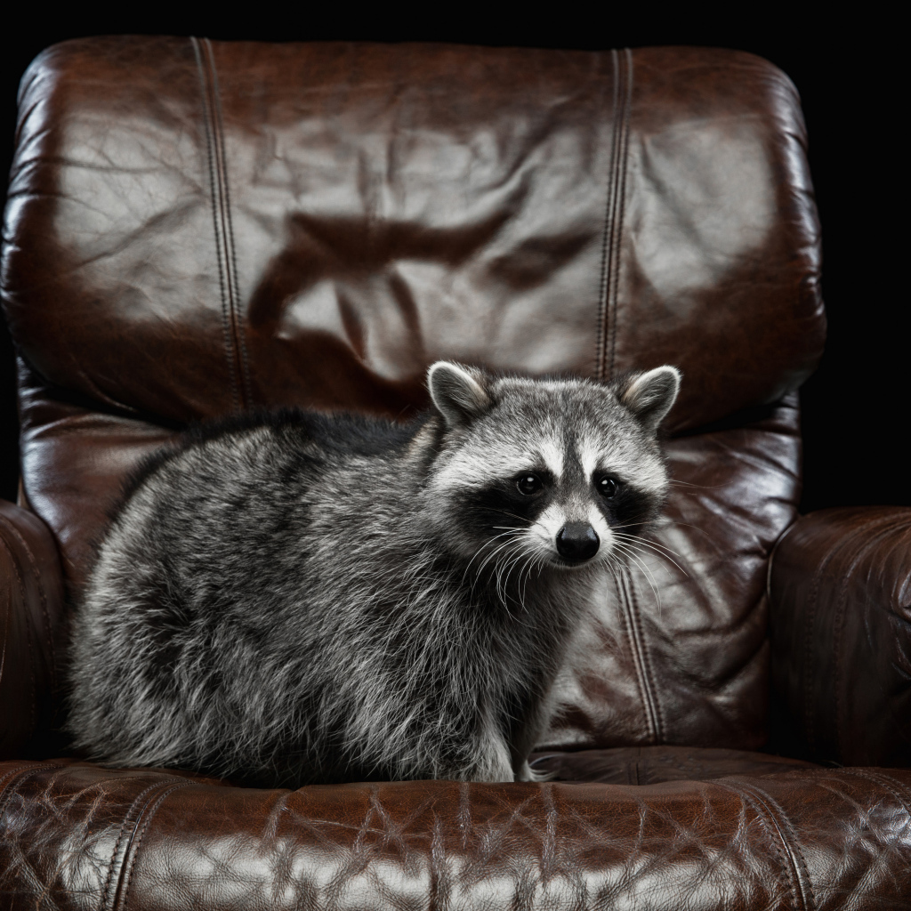 Большой серый енот на кожаном кресле