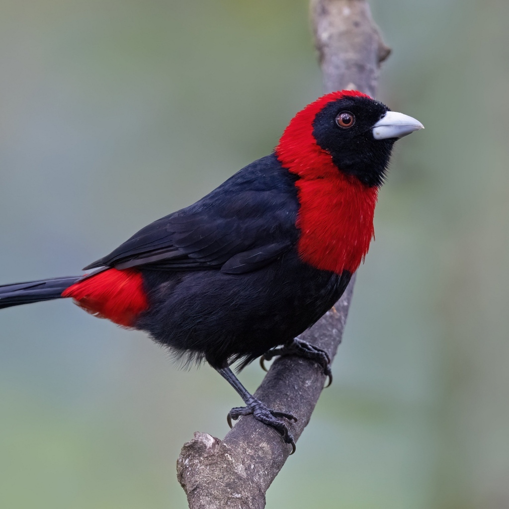 Огненная расписная танагра сидит на ветке дерева