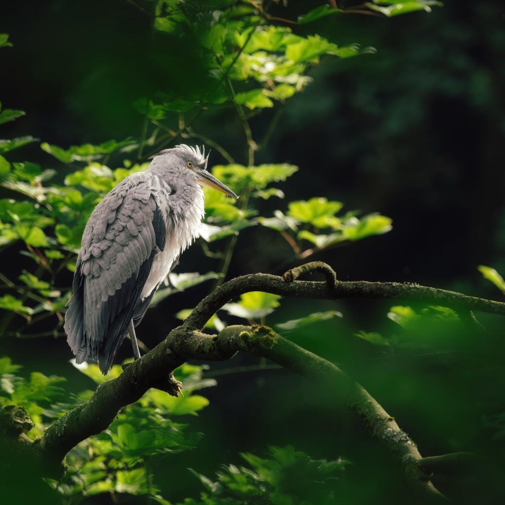 Серая цапля сидит на ветке дерева