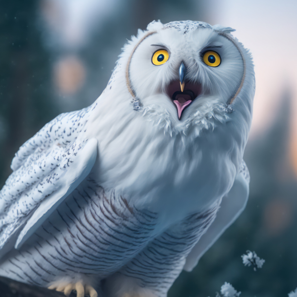 Большая белая сова с открытым клювом