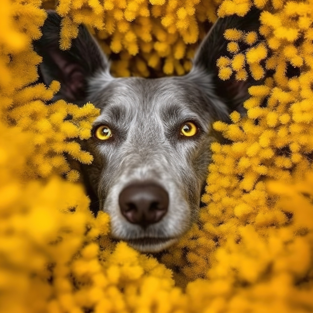 Черная собака в желтых цветах мимозы