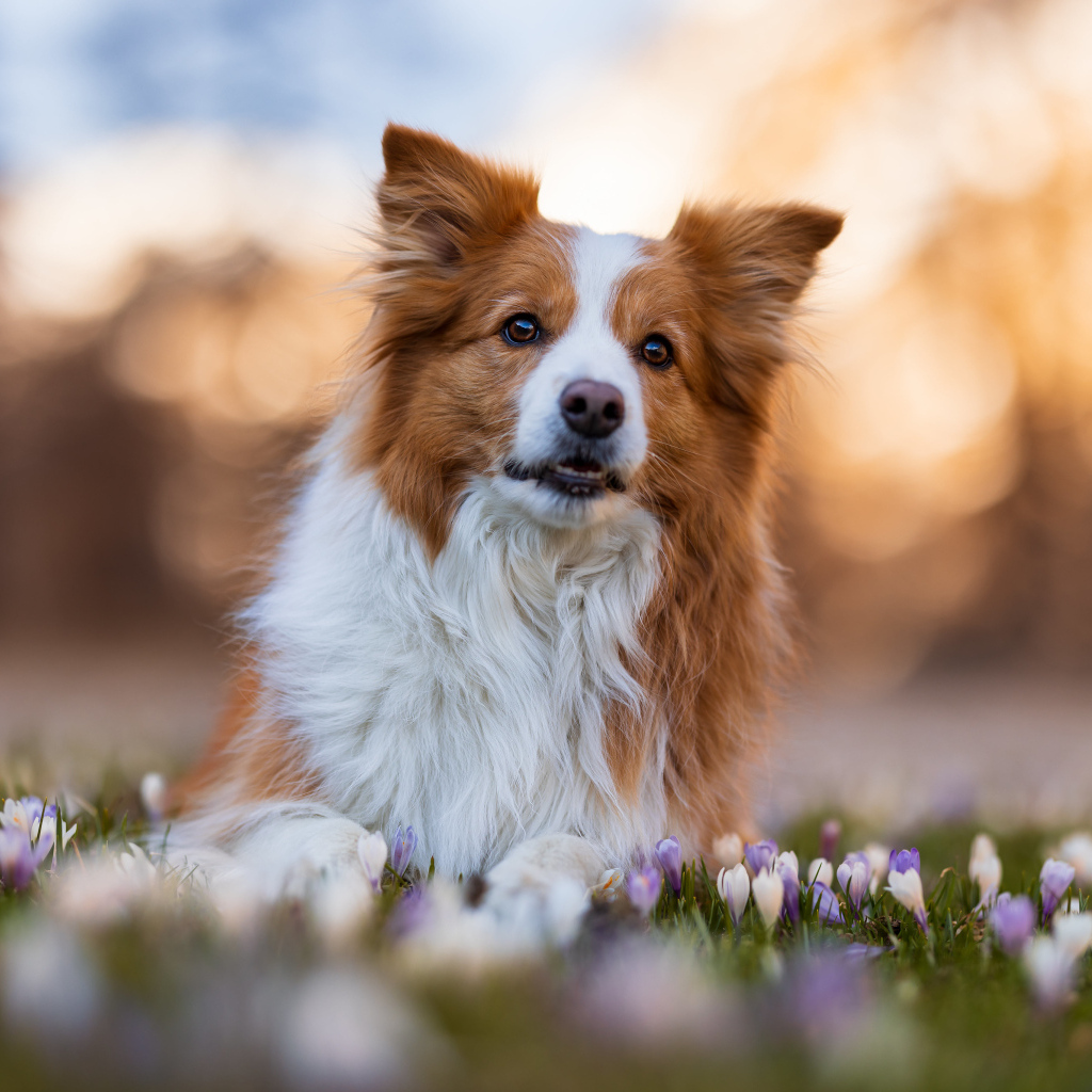 Собака бордер колли лежит в цветах