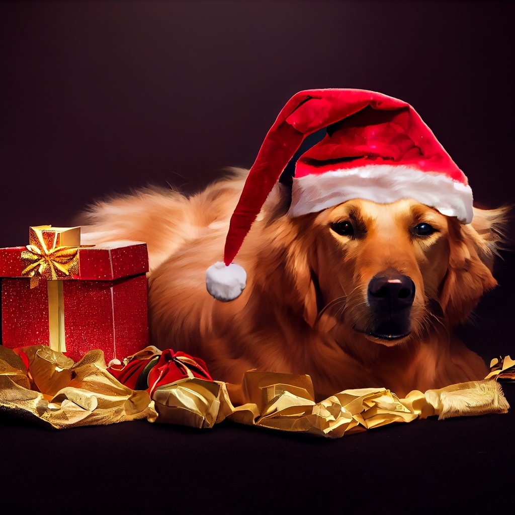 Золотистый ретривер в новогодней шапке с подарком