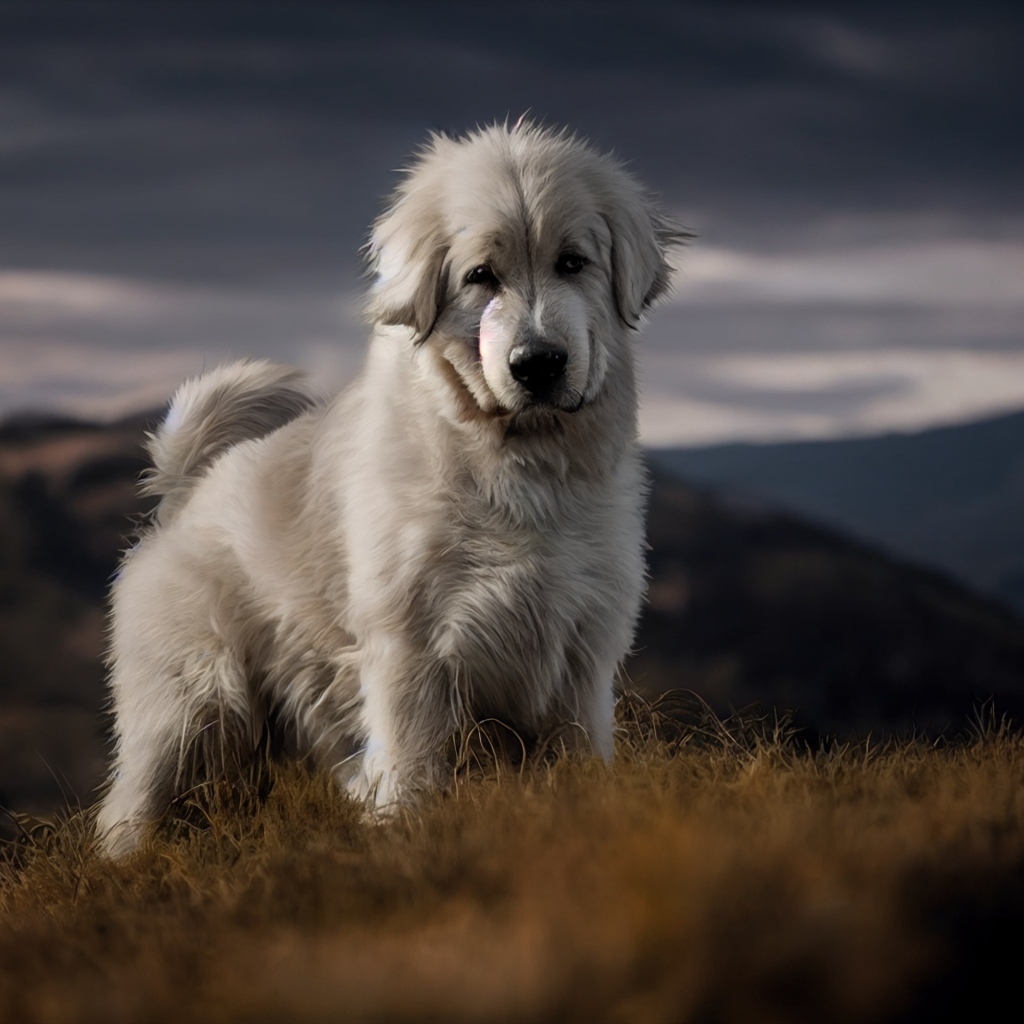 Пиренейская горная собака стоит на траве