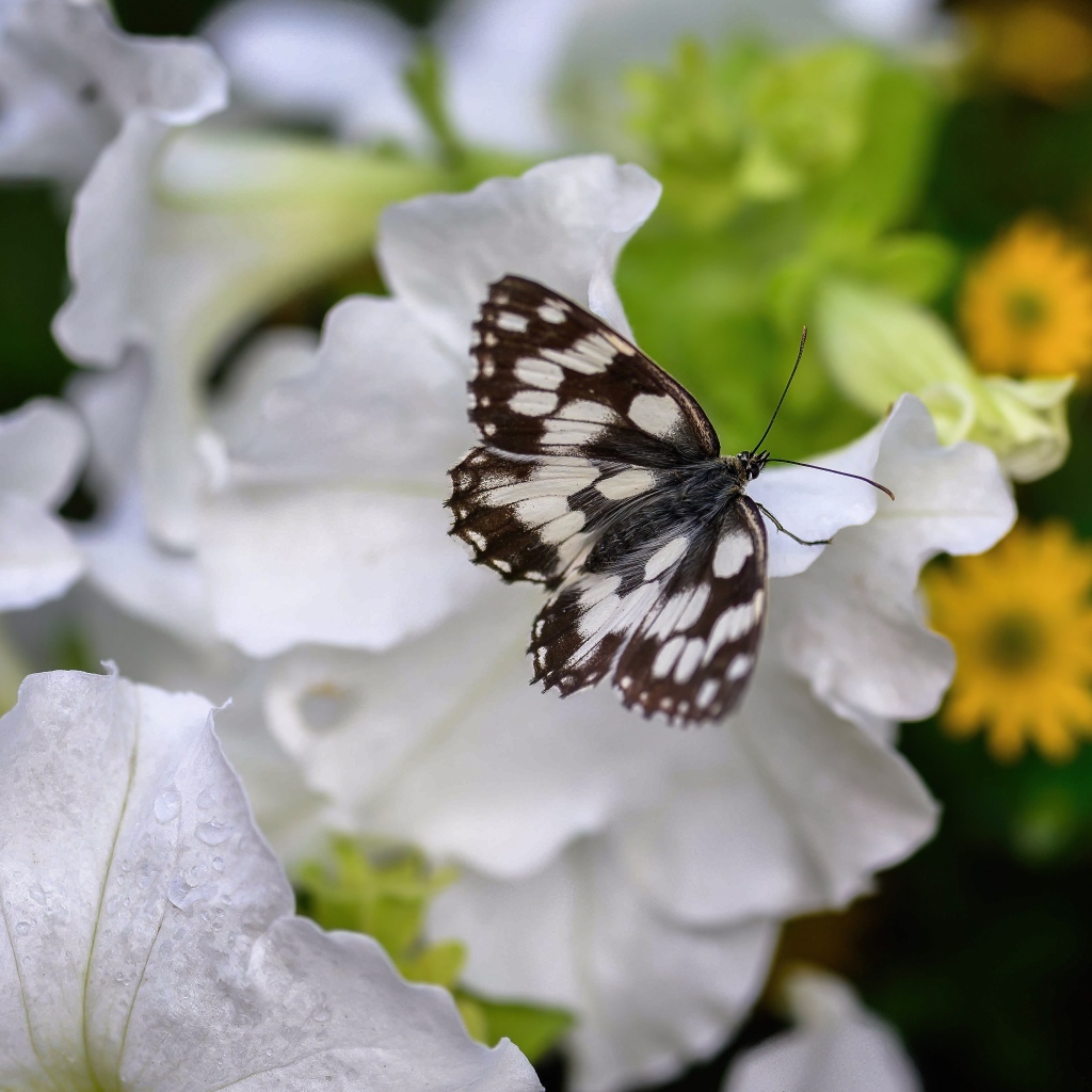 Бабочка сидит на белом цветке петунии