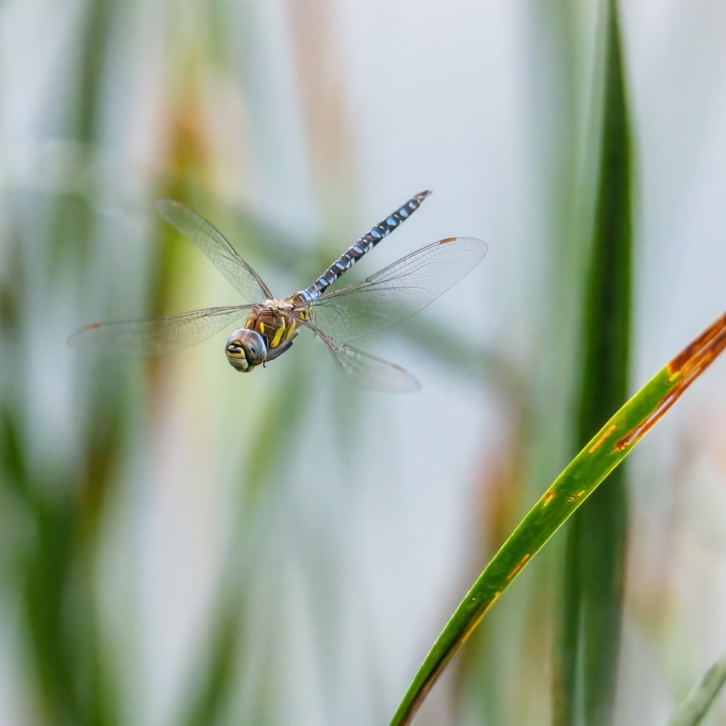 Стрекоза кружит над травой