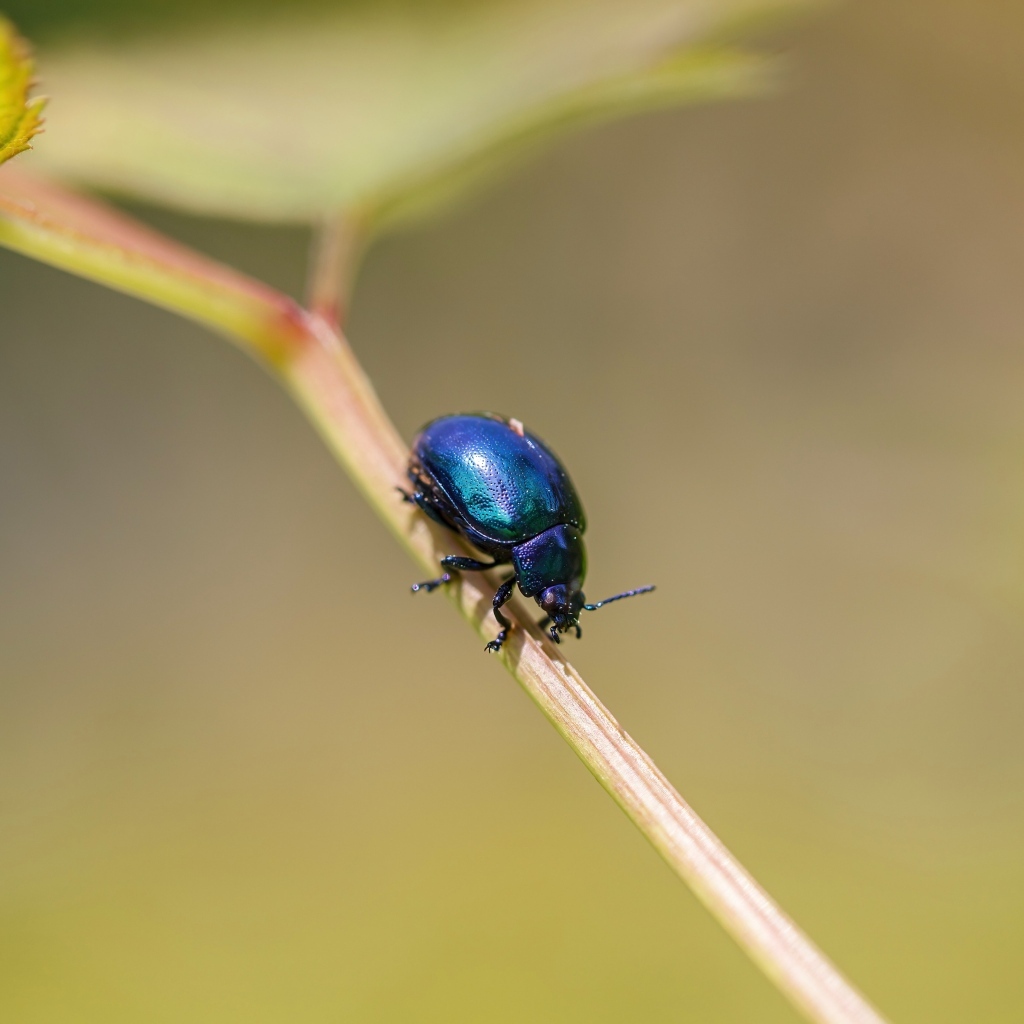 Маленький синий жук сидит на ветке