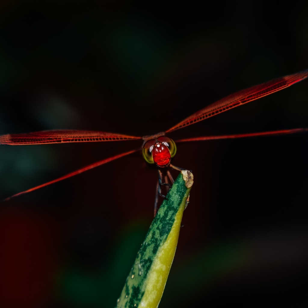 Красная стрекоза сидит на траве