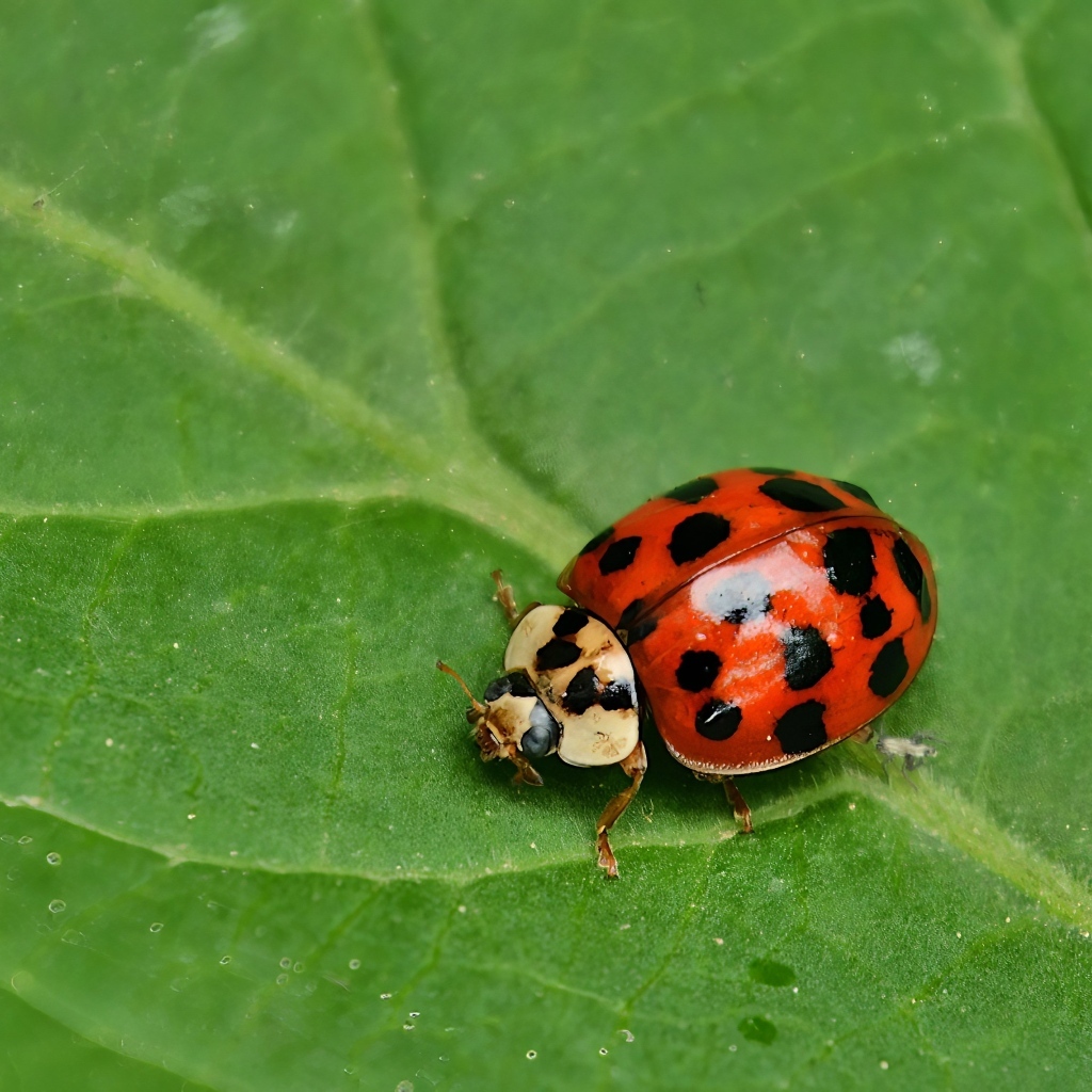 Красная божья коровка на зеленом листе крупным планом