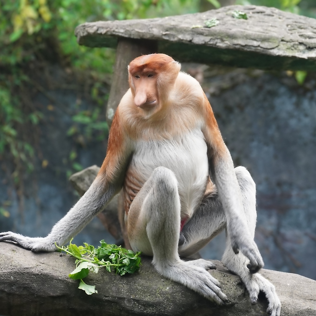 Обезьяна с сидит на камне в зоопарке