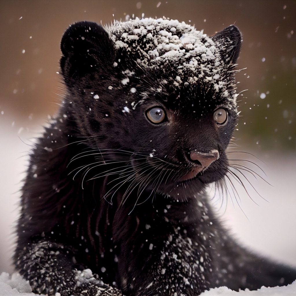Маленький черный детеныш пантеры в снегу